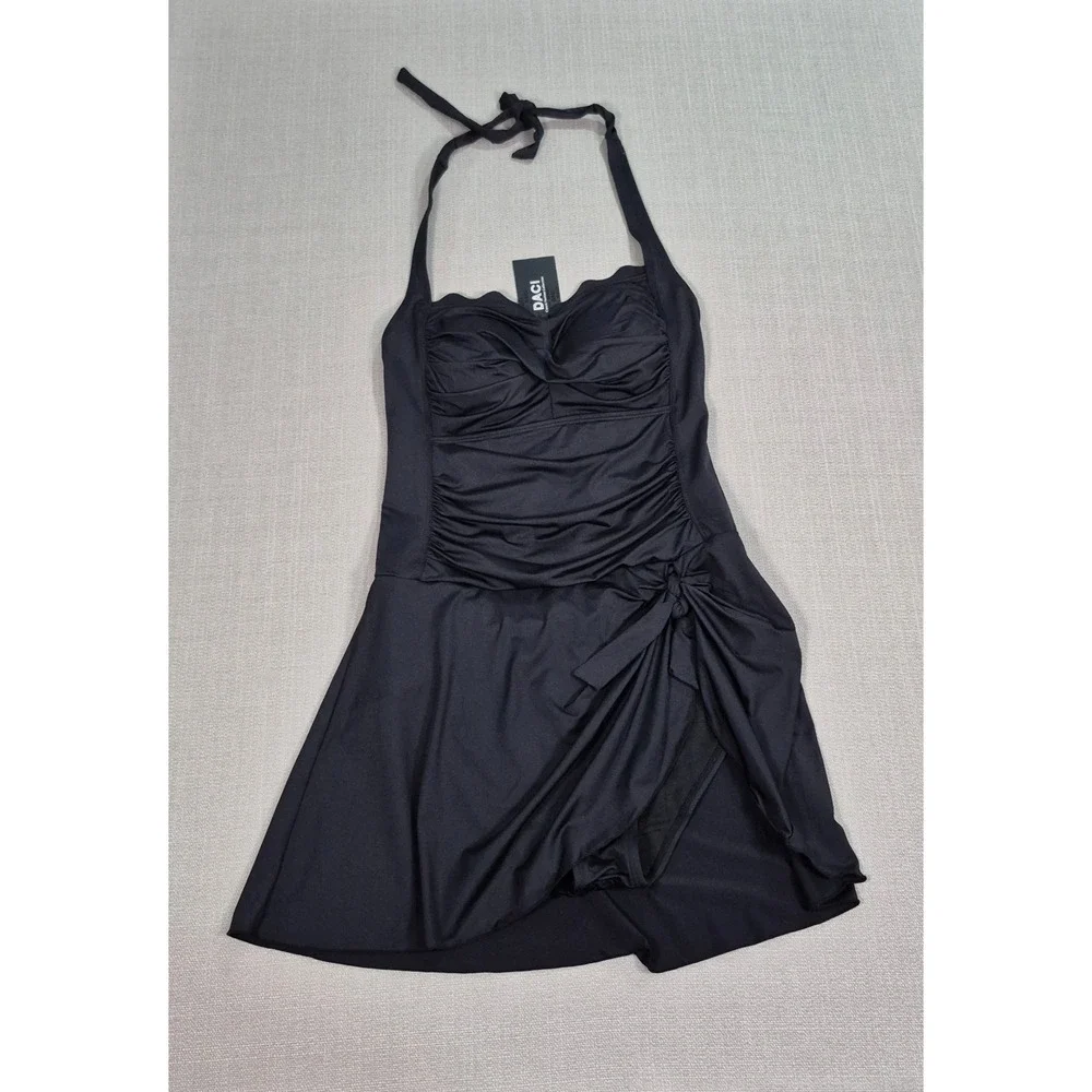 Daci Women Black Ruched Tummy Control Halter Swimdress One Piece Swimsuit Size L